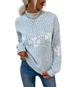 KANDEMY Damen Weihnachtspullover mit kleinem Stehkragen Christmas Pullover Warm Strickpullover mit Streifen Schneeflocken Winter Pullis für Frauen Oberteile Langarm Mode01-Blau L von KANDEMY