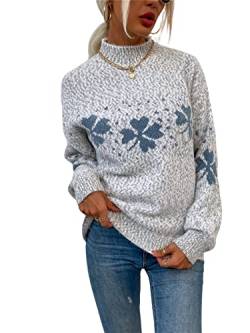 KANDEMY Damen Weihnachtspullover mit kleinem Stehkragen Christmas Pullover Warm Strickpullover mit Streifen Schneeflocken Winter Pullis für Frauen Oberteile Langarm Mode01-Grau L von KANDEMY