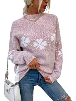 KANDEMY Damen Weihnachtspullover mit kleinem Stehkragen Christmas Pullover Warm Strickpullover mit Streifen Schneeflocken Winter Pullis für Frauen Oberteile Langarm Mode01-Pink L von KANDEMY