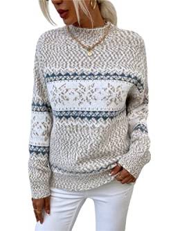 KANDEMY Damen Weihnachtspullover mit kleinem Stehkragen Christmas Pullover Warm Strickpullover mit Streifen Schneeflocken Winter Pullis für Frauen Oberteile Langarm Mode02-Aprikose XL von KANDEMY