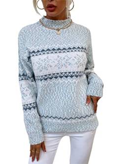 KANDEMY Damen Weihnachtspullover mit kleinem Stehkragen Christmas Pullover Warm Strickpullover mit Streifen Schneeflocken Winter Pullis für Frauen Oberteile Langarm Mode02-Blau S von KANDEMY