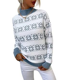 KANDEMY Damen Weihnachtspullover mit kleinem Stehkragen Christmas Pullover Warm Strickpullover mit Streifen Schneeflocken Winter Pullis für Frauen Oberteile Langarm Mode03-Blau L von KANDEMY