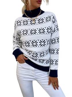 KANDEMY Damen Weihnachtspullover mit kleinem Stehkragen Christmas Pullover Warm Strickpullover mit Streifen Schneeflocken Winter Pullis für Frauen Oberteile Langarm Mode03-Dunkelblau L von KANDEMY