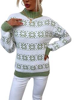 KANDEMY Damen Weihnachtspullover mit kleinem Stehkragen Christmas Pullover Warm Strickpullover mit Streifen Schneeflocken Winter Pullis für Frauen Oberteile Langarm Mode03-Grün L von KANDEMY