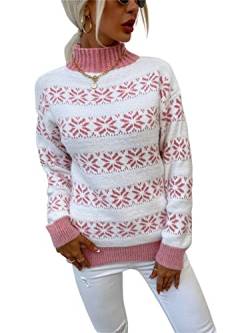KANDEMY Damen Weihnachtspullover mit kleinem Stehkragen Christmas Pullover Warm Strickpullover mit Streifen Schneeflocken Winter Pullis für Frauen Oberteile Langarm Mode03-Pink L von KANDEMY