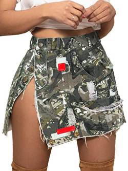 KANSOON Camo Rock Hohe Taille Mini Denim Split Cargo Röcke für Damen mit Taschen, Forest Camo, Groß von KANSOON