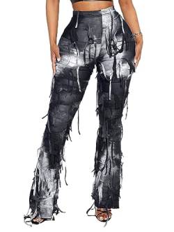 KANSOON Frauen Tie Dye Hosen Elastische Hohe Taille Quasten Dehnbar Casual Flare Bein Hosen Hosen, Schwarz, M von KANSOON