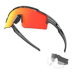 KAPVOE Polarisierte Fahrradbrille für Herren Damen mit 3 Wechselgläsern, TR90 Rahmen – Sportsonnenbrille für Radfahren, MTB, Rennrad – Inklusive Sonnenbrille, Sportbrille, UV-Schutz 01 Rot Schwarz von KAPVOE