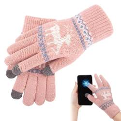 KARELLS Touchscreen Handschuhe,Damen Winterhandschuhe,Frauen Fäustlinge,Baumwollhandschuhe,Strick Handschuhe,Warme Handschuhe,Vollfinger-Bildschirm-Rehkitz-Jacquard-Handschuhe,Rosa von KARELLS
