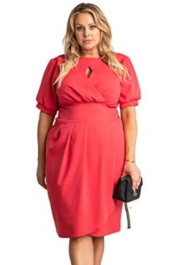 KARKO - Tailliertes INGRIDA Kleid I mit Dekolleté im Cut-Out-Design I Übergröße (Plus Size) I Köperbetonte Passform I Knielänge I Ellenbogenlange Ärmel I Korallenfarbe - 44 von KARKO