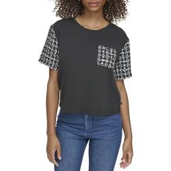 Karl Lagerfeld Paris Damen Cropped-Tweed-Detail Top, Schwarz, Mittel von KARL LAGERFELD