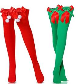 KATELUO 2 Paar Weihnachten Schleifenstrümpfe,Weihnachten Kniestrümpfe,Weihnachten Überkniestrümpfe,Kniehohe Weihnachtssocken für Frauen,Rot und Grün von KATELUO
