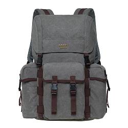 KAUKKO Canvas Retro Rucksack Damen Herren, Vintage Jagdrucksack Wanderrucksack mit 14 Zoll Laptopfach für Arbeit, Ausflüge, Uni, 18L, Grau-K1017 von KAUKKO