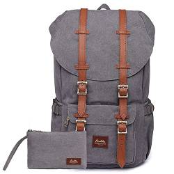 KAUKKO Vintage Canvas Rucksack Damen Herren Baumwolle Daypack für 15" Notebook mit Mäppchen für Schule, Uni, Reisen, Wandern, 22L, Grau von KAUKKO