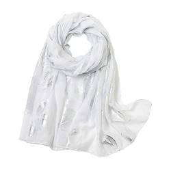 KAVINGKALY Silber Blatt Gedruckt Schal Frauen Leichte Hals Wrap Oversized Baumwolle Abend Wrap Schal (Weiß) von KAVINGKALY