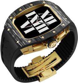 KAVJU Luxuriöses Kohlefaser-Uhrengehäuse, Fluorkautschuk-Armband, für Apple Watch 45 mm, 44 mm, Herren-Metalllünette, Gummiband, Mod-Kit, für iWatch 8, 7, 6, 5, 4 SE, Ersatzuhr, 44mm, Achat von KAVJU