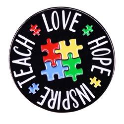 Teach Love Inspire Hope Autism Awareness Emaille Pin Brosche Puzzle Regenbogen Stolz Metall Abzeichen Anstecknadeln Runde Broschen für Kleidung Rucksack Dekoration für Frauen Kinder Geschenke, Metall von KAWADU