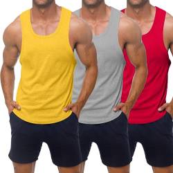 KAWATA Herren Workout Tank Tops Quick Dry Gym Muscle Tees Fitness Bodybuilding Ärmellose T-Shirts, Gelb / Hellgrau / Rot, L von KAWATA