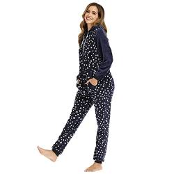 Damen Jumpsuit Teddy Fleece Einteiler Overall Anzug Flauschig Schlafanzug Winter Warm Onesie Plüsch Hausanzug mit Sternchenaufdruck Lang Schlafoverall Weich Pyjama Schlafanzug mit Kapuze von KBOPLEMQ