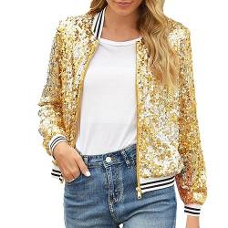 Damen Pailletten Reißverschluss Langarm Blazer Bomberjacke Glitzer Jacke Sequin Kragenlose Sparkly Jacke Fashion Langarm Blazer Strickjacke 2023 Halloween Party Karneval Oktoberfest Kostüme von KBOPLEMQ