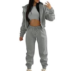 KBOPLEMQ 3 Stücke Damen Sportanzüge Jogginganzug Sets Outfit Freizeitanzug Langarm Kapuzenjacke + Crop Top + Jogginghose mit Taschen Winter Warme Fleece Sportswear Sport Trainingsanzug Hausanzug von KBOPLEMQ