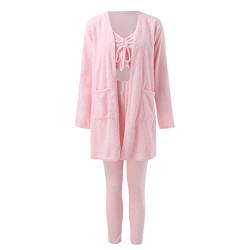 KBOPLEMQ 3 Teiler Damen Schlafanzug Pyjama Outfits Weiche Loungewear Nachtwäsche Für Homewear Outfits Fleece Jacke Cardigan + Plüsch Tank Top + Hose Schnürung Lange Cardigan Mantel Sleepwear Set von KBOPLEMQ