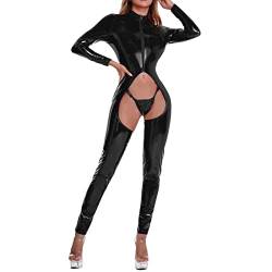 KBOPLEMQ Damen Einteiler Wetlook Leder Bodysuit Jumpsuit Wetlook Minikleid Kleid Leder Lack Reizverschluss V-Ausschnitt Stretch Ouvert Dessous Fetisch Party Dress Patent Leather Pole Dance von KBOPLEMQ