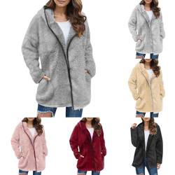 KBOPLEMQ Damen-Fleece-Kapuzenmantel mit Reißverschluss, Warm Dicker Lang Winterjacke, Weicher Kapuzen-Cardigan, Flauschiger Winterjackenmantel Oversize Jacke Damen Teddy-Fleece Sweatjacke Mantel von KBOPLEMQ