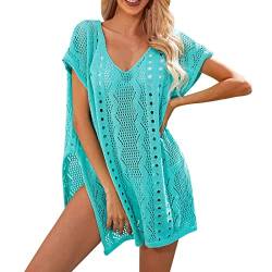 KBOPLEMQ Damen Strandkleid Gestrickte Crochet Bikini Cover Up Sommer Boho Strandponcho V-Ausschnitt Badeanzug Bedecken Pareos Sexy Cutout Tunika Minikleid Strand Kurze Kleid Sommerkleid von KBOPLEMQ