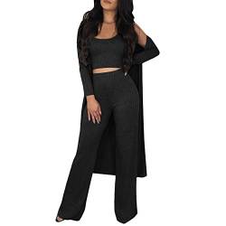 KBOPLEMQ Damen Trainingsanzug Herbst Langarm Blazer Mantel Tank Lange Hosen Dreiteilige Sets Outfit inkl. Langarm Hemd Strickjacken + Weite Hosenbeine + Sexy Crop Top 3 Teiler Hosenanzug Tracksuit von KBOPLEMQ