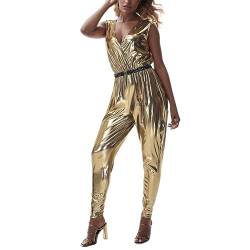 KBOPLEMQ Disco Outfit Damen 70er Jahre Glitz Glamour Erwachsenenkostüm Gold Jumpsuit Halloween Disco Tanz Kostüm Disco Outfit Mädchen Fasching Karneval Party Hippie Musikfestival Rave Party Cosplay von KBOPLEMQ