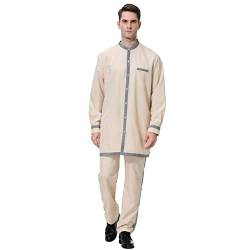 KBOPLEMQ Herren Kaftan mit Hosen Anzug Herren Middle East Thobe Herren Muslim Druck Kaftan Islamisch Royalty Dubai Robe O-Ausschnitt Lange Ärmel Retro Tuniken Abaya Lose Kandoura von KBOPLEMQ