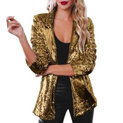 KBOPLEMQ Jacke Damen Pailletten Gold Damen Metallic Pailletten Blazer mit Glitzer Langarm Bomberjacke Langarm Party Club Offen Glitzer Cardigan Metallic Jacket von KBOPLEMQ