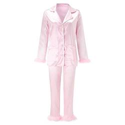 KBOPLEMQ Pyjama Satin Damen Set Sexy V-Ausschnitt Button Down Feder Hemd + Pyjama Schlafanzug Lang Elegant Nachtwäsche Zweiteilige Einfarbig Pyjama Set Zweiteiliger Sleepwear Langarm Pyjama von KBOPLEMQ