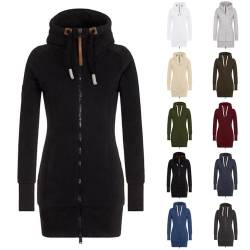 KBOPLEMQ Sweatjacke Damen Lang Winterjacke Kapuzenjacke Herbstjacke Übergangsjacke Jacken Einfarbig Sweatshirt Lange Mantel Cardigan Outwear Schwarz Zipper Große Größen 5XL Winterjacke Wanderjacke von KBOPLEMQ