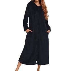 KBOPLEMQ Warmer Morgenmantel Damen Lang Morgenmantel mit Kapuze Bademantel Reißverschluß Saunamantel Flauschig Weiche Gemütliche Robe Flanell Winter Warmer Nachthemd Nachtwäsche Pyjamas Nachtwäsche von KBOPLEMQ