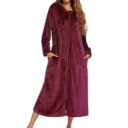 KBOPLEMQ Warmer Morgenmantel Damen Lang Morgenmantel mit Kapuze Bademantel Reißverschluß Saunamantel Flauschig Weiche Gemütliche Robe Flanell Winter Warmer Nachthemd Nachtwäsche Pyjamas Nachtwäsche von KBOPLEMQ