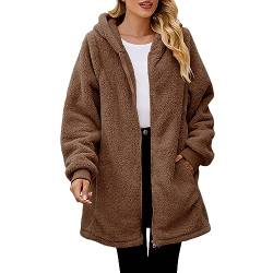 KBOPLEMQ Winterjacke Damen Lang Mantel Plüschjacke Hoodie Jacke Oversize Wintermantel Kurzmantel Warm Cardigan Kapuzenjacke mit Taschen Teddy-Fleece Warm Sweatjacke Fellmantel Outdoor Windjacke von KBOPLEMQ