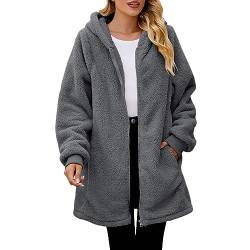 KBOPLEMQ Winterjacke Damen Lang Mantel Plüschjacke Hoodie Jacke Oversize Wintermantel Kurzmantel Warm Cardigan Kapuzenjacke mit Taschen Teddy-Fleece Warm Sweatjacke Fellmantel Outdoor Windjacke von KBOPLEMQ