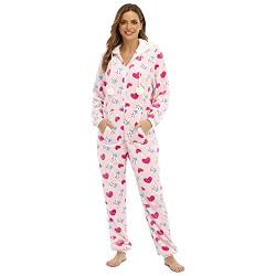 Schlafanzug Damen Lang Flauschig Warm Winter Fleece Pyjama Damen Hausanzug Kuschelig Flanell Einteiler Onesie Lang Pyjama Ganzkörperanzug mit Pink Herz Druck Bequeme Hausanzug mit Kapuze von KBOPLEMQ