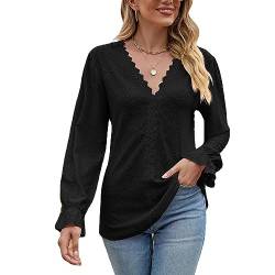 Damen Langarmshirt Langen Ärmeln Elegant Spitzen Damen Tshirt Elegante Bluse V-Ausschnitt Damen Oberteil Top Damen Tunika T-Shirt (Schwarz M) von KBRPEY