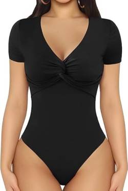 KBRPEY Body Damen Sexy V-Ausschnitt Bodysuit Bodys Kurzarm Sexy Bluse Tops Damenbody Elegant Sommer Stringbody Oberteil Overall Unterziehbody für Frauen (S) von KBRPEY