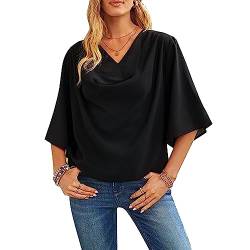 KBRPEY Chiffon Bluse Damen Elegant T-Shirts für Damen Mädchen Kurzarm Daman Oberteile Sommer Bluse Entspannt Casual T Shirt V-Ausschnitt(Schwarz L) von KBRPEY