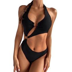 KBRPEY Damen Bikini Set High Waist Schwimmanzug Trendy Sexy Bademode Geteilter Badeanzug mit Bandage Einteiliger Badeanzug Triangel Bikini Swimsuit Beachwear (Schwarz L) von KBRPEY