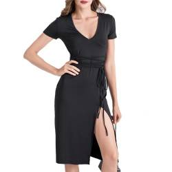 KBRPEY Damen Bodycon Freizeitkleid V Ausschnitt Kurzarm Sommerkleid Einfarbig Elegant Midikleid Casual Swing Skater Kleid Hohe Taille Partykleid Wickelkleid mit Gürtel Freizeitkleid mit Schlitz (M) von KBRPEY