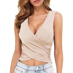 KBRPEY Damen Crossover Slim Tank Top Sommer Cami V-Ausschnitt äRmellose Camisole Blusentop Plissee Solid Tank Top Crop-Top Weste Shirts Hemd Oberteile (Khaki S) von KBRPEY