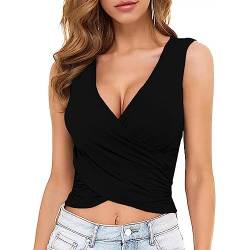 KBRPEY Damen Crossover Slim Tank Top Sommer Cami V-Ausschnitt äRmellose Camisole Blusentop Plissee Solid Tank Top Crop-Top Weste Shirts Hemd Oberteile (Schwarz S) von KBRPEY