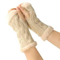 KBRPEY Damen Fingerlose Handschuhe Winter Warme Armstulpen Handschuhe Damen Kurzer Gestrickte Halb Fingerlose Fäustlinge Warm Weiche Strickhandschuhe für Damen (Beige) von KBRPEY