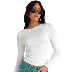 KBRPEY Damen Langarmshirt Elegant Oberteil Y2k Crop Top Slim Fit Oberteile Damen Einfarbig Basic Rundhals Tee Bauchfrei T-Shirt Bluse Teenager Mädchen Casual Sexy Streetwear von KBRPEY