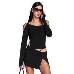 KBRPEY Damen Langarmshirts Einfarbiges Oberteile Unregelmäßiges Sexy Schulterfrei Tshirt Slim Fit Tee Cut Out Langarm Bluse Tunika Shirts Elegant Hemdbluse Casual Sexy Streetwear von KBRPEY